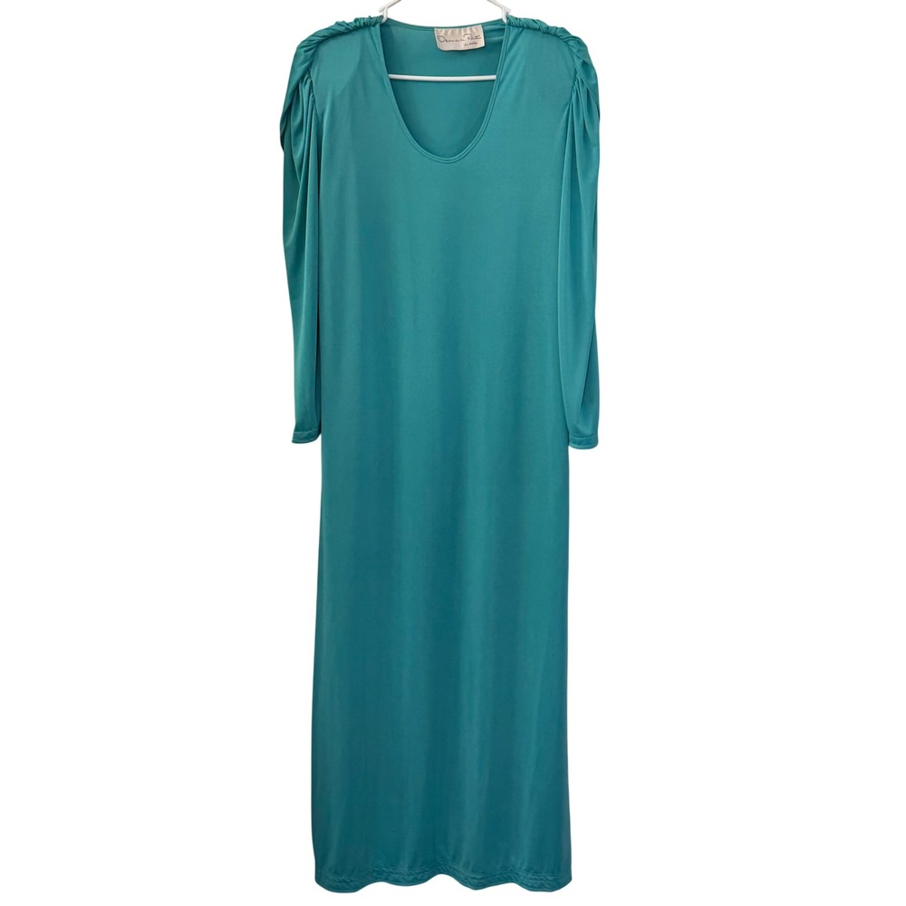 Oscar de la Renta Vintage Teal Maxi Caftan Dress Cowl Back Ruched Shoulder Small
